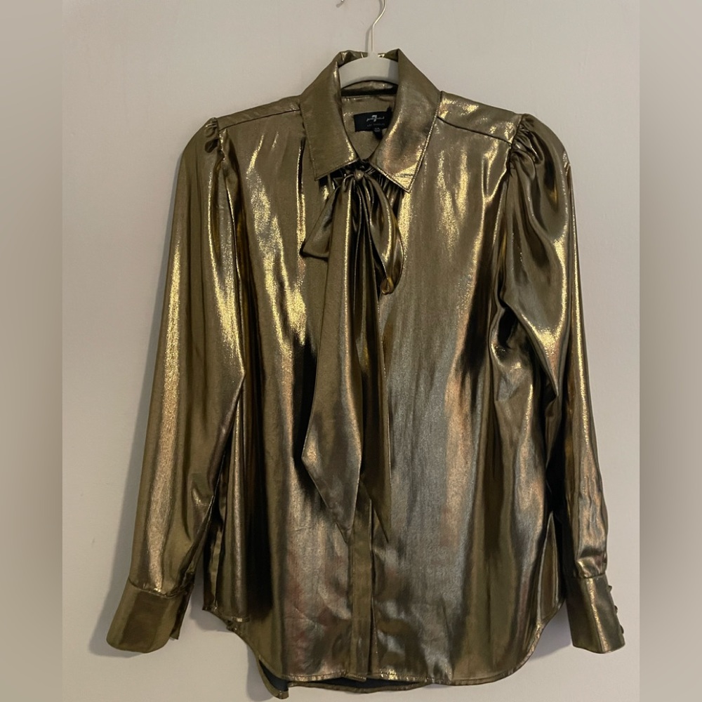 7 For All Mankind Gold Lamè Blouse Size XS Bow Tie Front